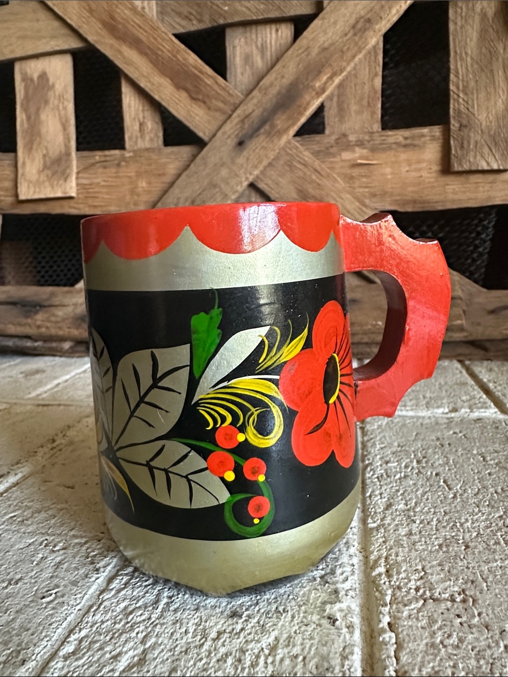 Vintage Russian folk art tile painted wooden mug (50)